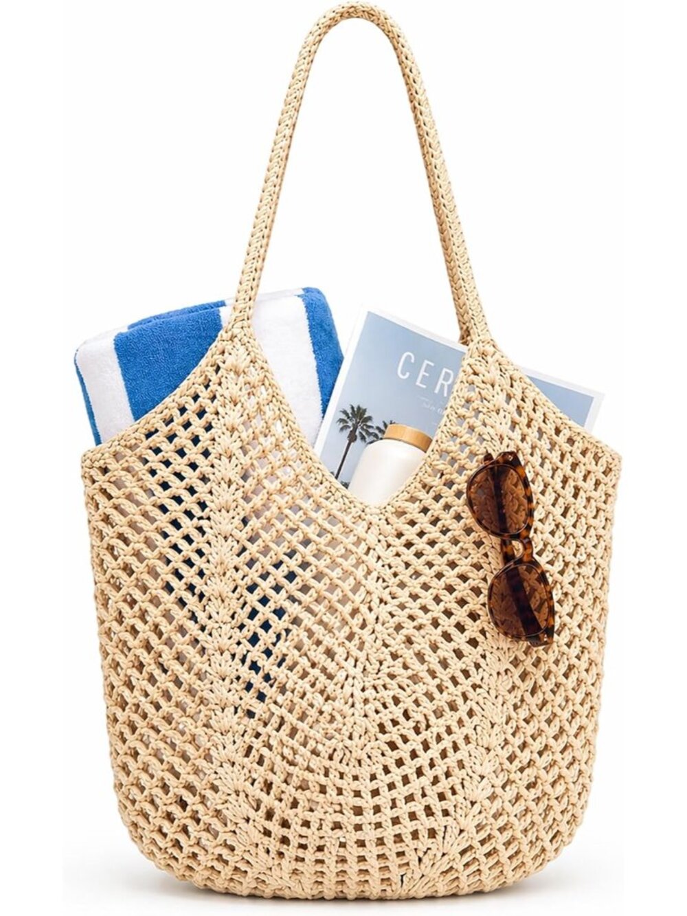 Crochet Beach Bag for Women, Boho Mesh Knit Tote Purse, Handmade Cotton Summer